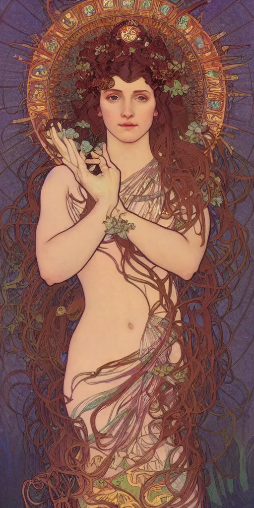 Image similar to a portrait of a beautiful female godess of spring, by Mohrbacher and Moebius and Alphonse Mucha and Roger Deakins, cinematic lighting, masterpiece, highly detailed, 8k resolution, trending on art station