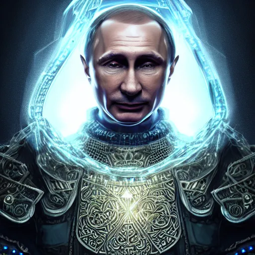 Prompt: a portrait of a cuffed putin magician in glass armor releasing spell, full height, moving forward, cyberpunk concept art, trending on artstation, highly detailed, intricate, sharp focus, digital art, 8 k