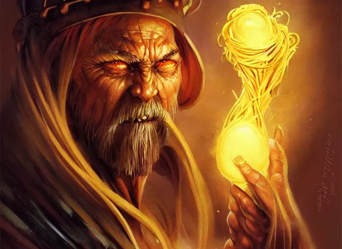 Image similar to magic : the gathering fantasy character concept art of the great pasta wizard by franz frazetta, high resolution. a clear portrait of powerful, mysterious wizard made out of noodles and pasta, flour and egg yolk magic fractals in background, fantasy coloring, intricate, digital painting, artstation, smooth, sharp focus