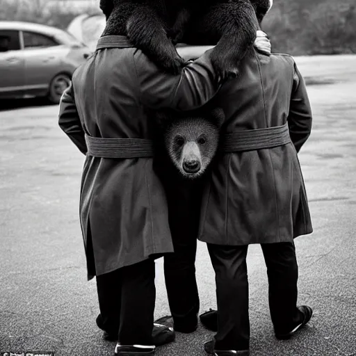 Image similar to three bear cubs on each other ’ s shoulders wearing a single trench coat and sneaking into a movie theater, photograph