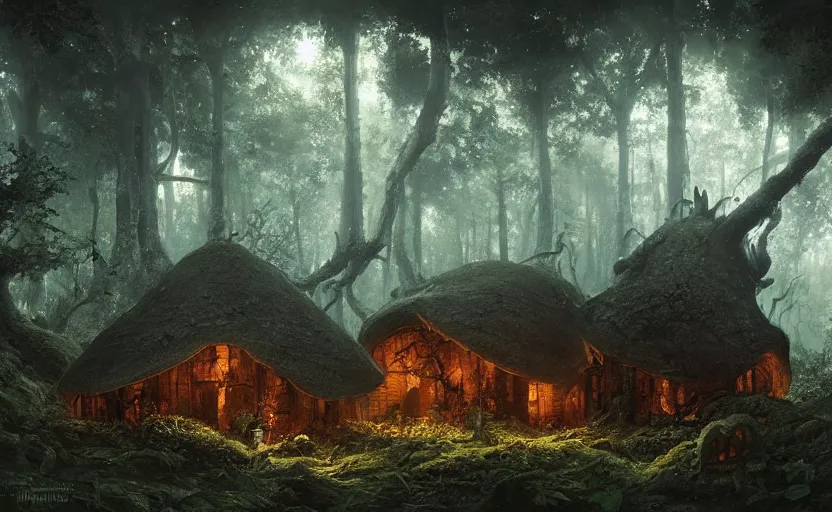 Image similar to A mushroom house!!!!, in a dark forest, small windows !!, macro, cool tones, underexposed, overecast, mysterious matte painting by greg rutkowski and marc simonetti and Ivan Shishkin, 4k