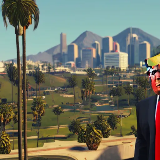 Image similar to Donald Trump in GTA V. Los Santos in the background, palm trees. In the art style of Stephen Bliss