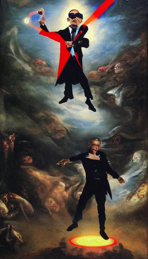 Image similar to obama is the highest ranking member of a highly advanced technological vampire cult, shooting lazer beams, hyperrealistic, surrealcore, lovecraftian, bright colours, 4 k by francisco goya