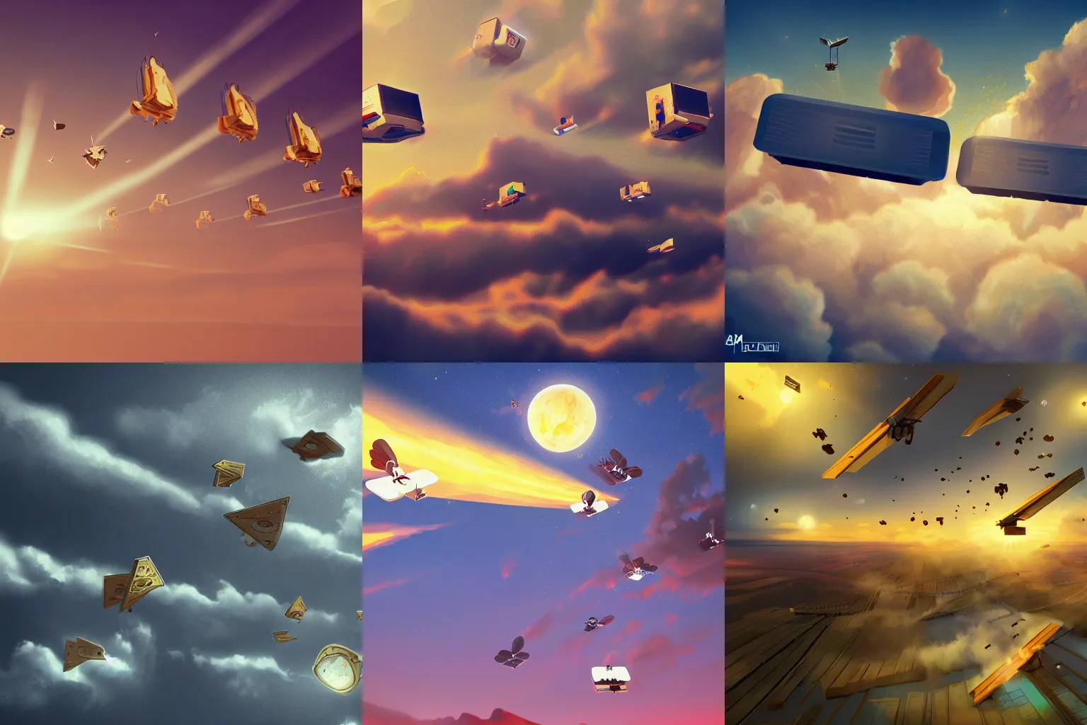 Prompt: Flying toasters in heaven, digital art, 4k, trending on Artstation