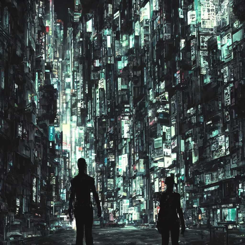 Prompt: cyberpunk android standing in a dark alley in future hong kong at night - n 6