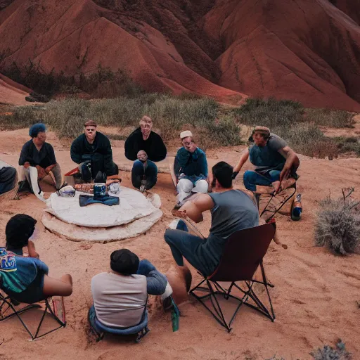 Prompt: a camp of warrior in dessert take a break laugh each other and talk, canon eos c 3 0 0, ƒ 1. 8, 3 5 mm, 8 k, medium - format print