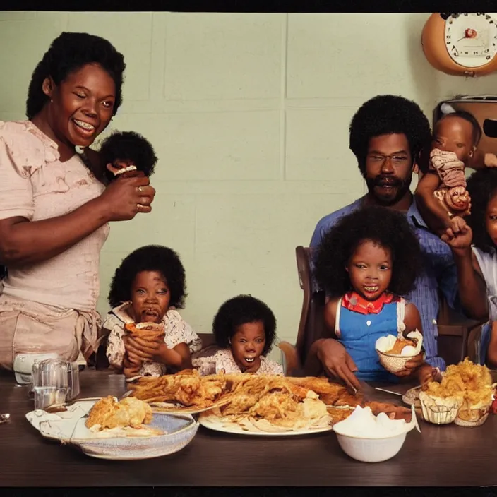 Prompt: vintage realistic photo of an African American family in 1979 with two daughters and a son eating chicken, mash potatoes, and rolls for dinner. While “good times” plays on the tv in the background