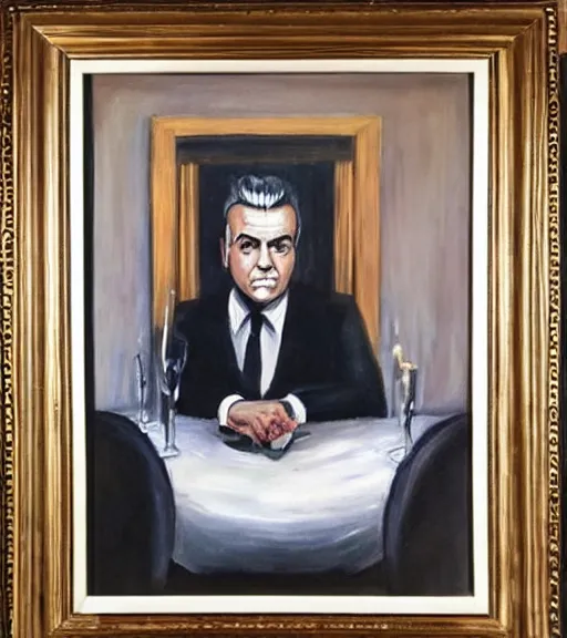 Image similar to framed portrait painting of paulie walnuts sitting at a mafia table