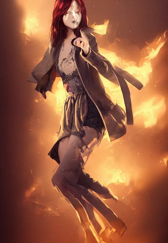 Image similar to full body illustration of girl with eyes that burn like cigarettes wearing a short skirt and a long jacket with fingernails that shine like justice, dramatic lighting, photorealistic, full body portrait, detailed anatomy, extreme detail, 4 k, colorful, artgerm and ben lo, octane render, detailed face, f / 2. 8