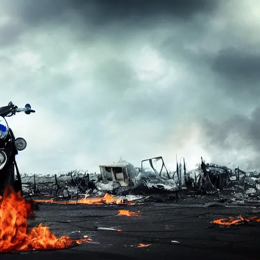 Prompt: post apocalyptic, biker with helmet in front of crashed airplane burning, photorealistic, highly detailed