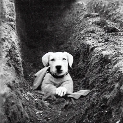 Image similar to Puppy in ww1 trench, war photo, film grain