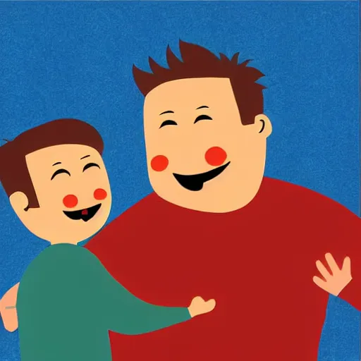 Prompt: sticker of a son and a father celebrating happily. happy. smiling. hugging. digital art. cartoon. high quality.