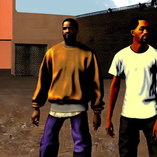 Prompt: full body shot of Kanye West and Travis Scott in GTA San Andreas, PlayStation 2 graphics, low quality 3D model