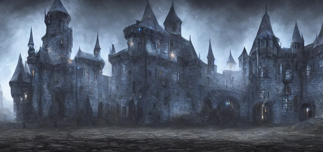 Image similar to A digital concept art painting of a dark blue medieval fantasy european ghotic castle with black brick in desert, 4K UHD image, unreal engine, Graphic Novel, Visual Novel