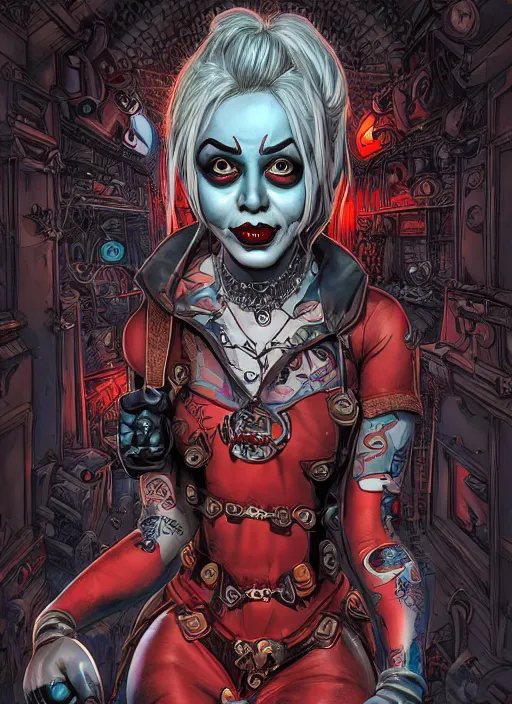 Prompt: a photorealistic dramatic hyperrealistic render of a beautiful eerie comic supervillain character harley quinn by joe fenton, dan mumford, color poster art design, beautiful dynamic dramatic dark moody lighting, shadows, cinematic atmosphere, octane render, 8 k