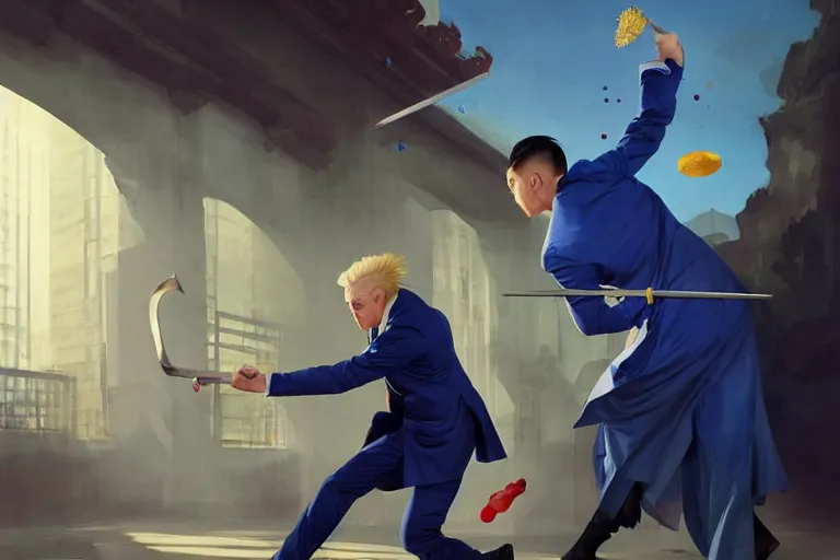 Image similar to a blond man in a blue suit with swinging a sword at an asian man, organic painting, sunny day, matte painting, bold shapes, hard edges, street art, trending on artstation, by huang guangjian, gil elvgren, ruan jia, randy vargas, greg rutkowski