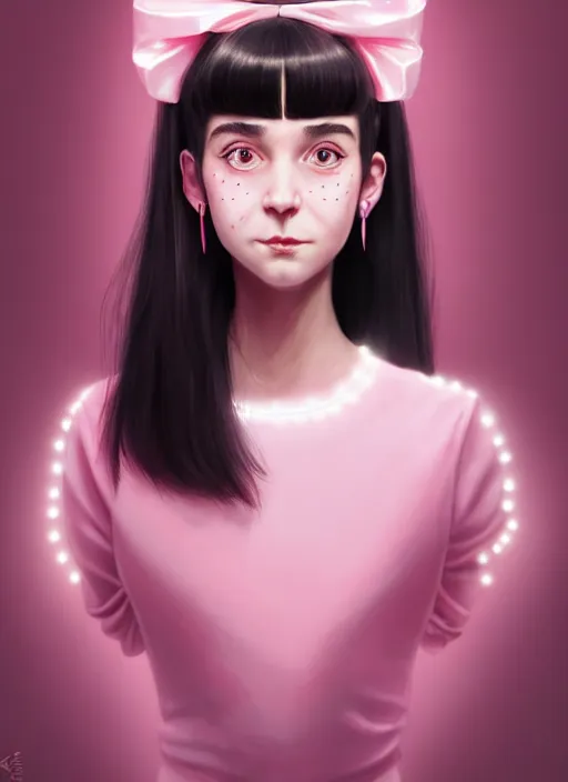 Image similar to portrait of high school girl, realistic, black hair, bangs, half updo hairstyle, pointy nose, skinny, smile, ugly, defined jawline, big chin, pink hair bow, earrings, intricate, elegant, glowing lights, highly detailed, digital painting, artstation, sharp focus, illustration, art by wlop, mars ravelo and greg rutkowski