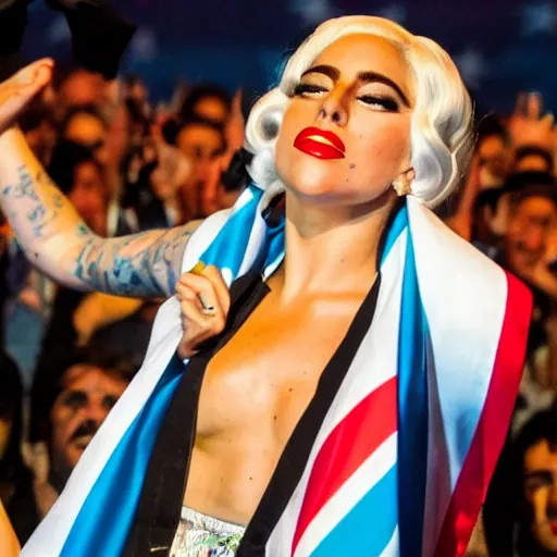 Image similar to Lady Gaga as Evita, Argentina presidential rally, Argentine flags behind, bokeh, epic photo, detailed face, Argentina
