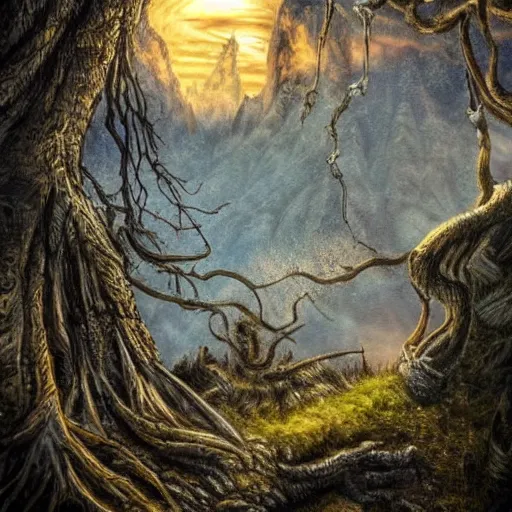 Prompt: steampunk ent from lord of the rings, realistic, high detail, dark, natural mountainous background with setting sun, smoke in sky