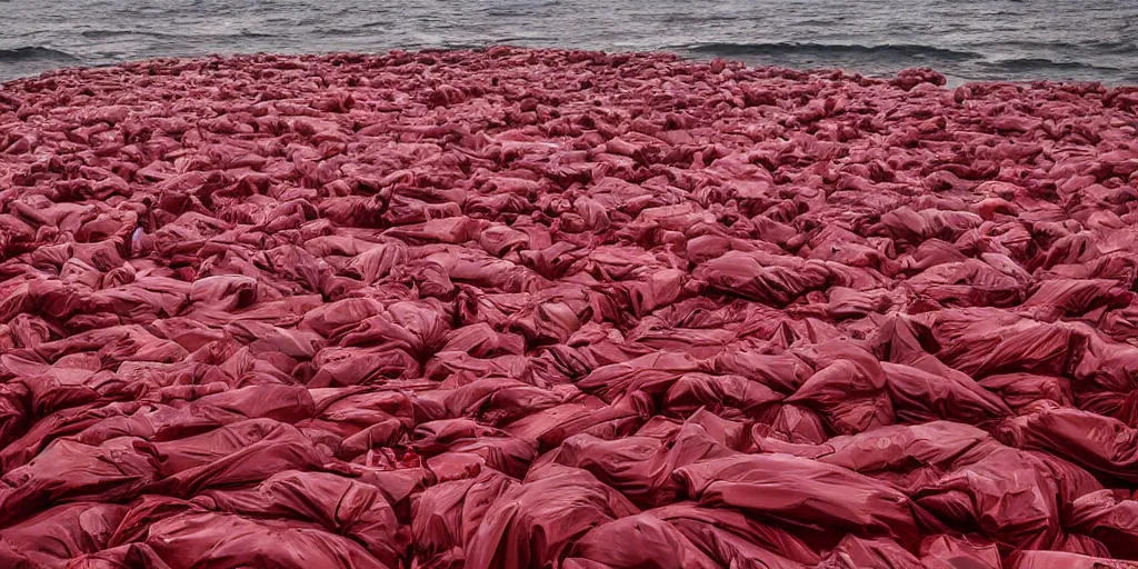 Image similar to photography of thousand of red garbage bags floating in the middle of a stormy ocean, photography by cindy sherman, cinematic, photography award winning, rule of thirds, golden ratio, phi