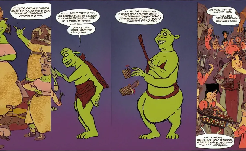 Prompt: shrek competes with princess leia in an accordion contest, aggressive expressions, dramatic lighting, by moebius,