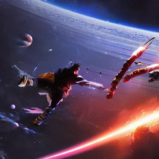 Prompt: a highly detailed space samurai fighting in space. concept art. 8 k