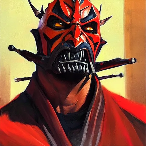 Prompt: greg manchess portrait painting of armored darth maul as overwatch character, medium shot, asymmetrical, profile picture, organic painting, sunny day, matte painting, bold shapes, hard edges, street art, trending on artstation, by huang guangjian and gil elvgren and sachin teng