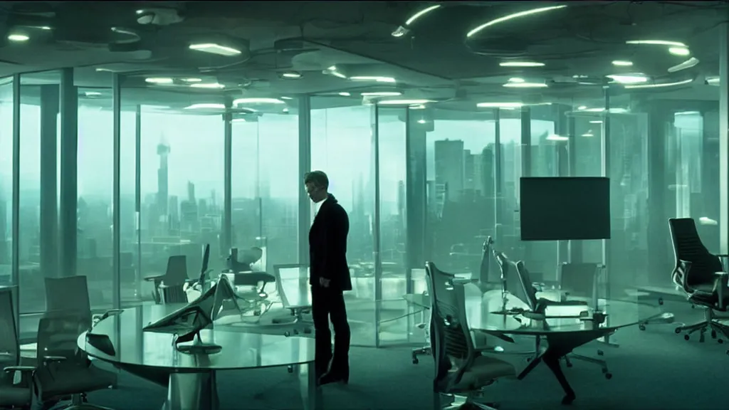 Image similar to the strange creature in the high tech office building, it is glowing, film still from the movie directed by denis villeneuve and david cronenberg with art direction by salvador dali