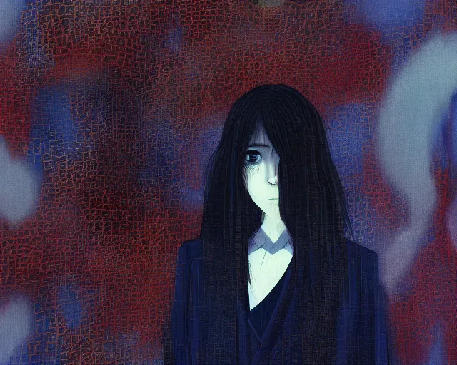 Prompt: vhs tape yoshitaka amano blurred and dreamy realistic three quarter view horror portrait of a sinister young woman with long hair, big earrings and white eyes wearing office suit with tie, perfect blue color palette, junji ito abstract patterns in the background, satoshi kon anime, noisy film grain effect, highly detailed, renaissance oil painting, weird portrait angle, blurred lost edges