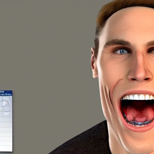 Image similar to jerma 9 8 5 with a grossly exaggerated smile, many teeth, photorealistic 4 k