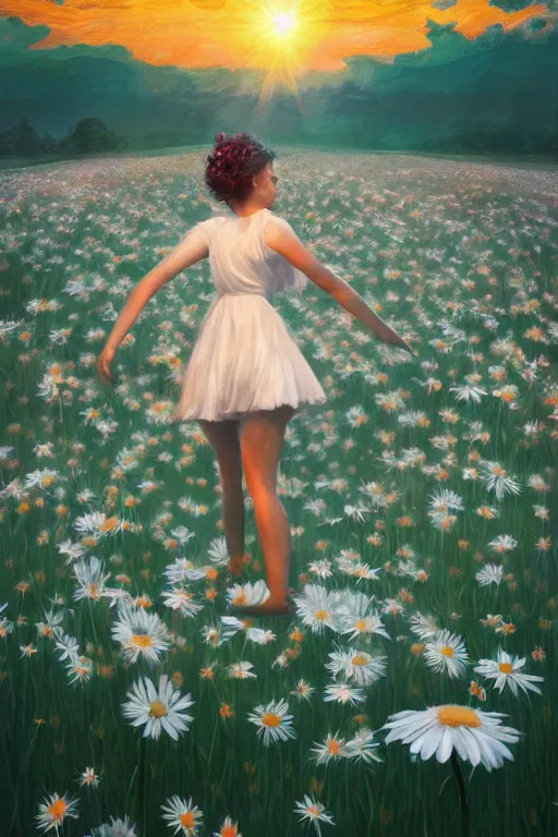 Image similar to giant white daisy flower as head, posture girl dancing in a flower field, surreal photography, sunrise, dramatic light, impressionist painting, colorful clouds, digital painting, artstation, simon stalenhag