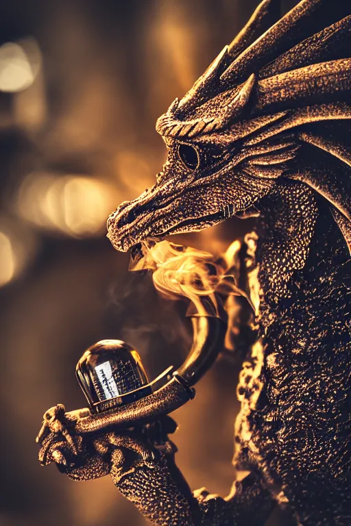 Image similar to photo of a dragon smoking a pipe, 3 0 mm, bokeh, dramatic lighting, beautiful