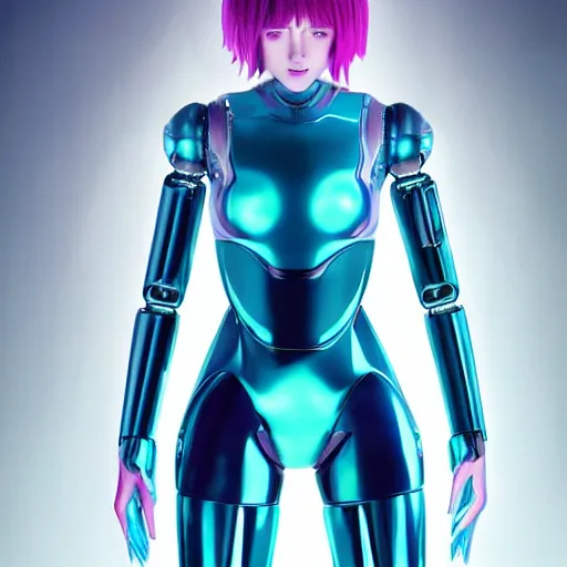 Prompt: Epic masterpiece of a female android robot, by ghost in the shell, full body shot, 8k, iridescant colors.