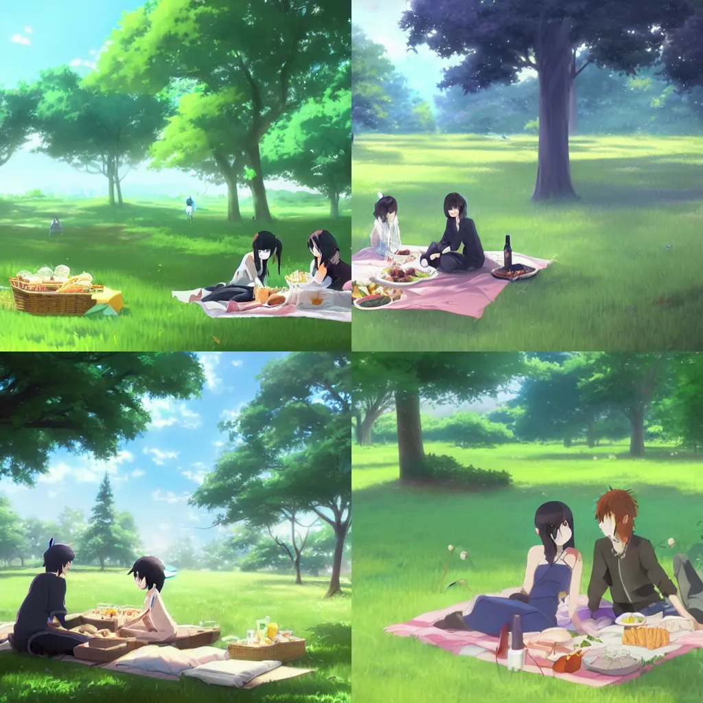 Prompt: a picnic in the park by makoto shinkai