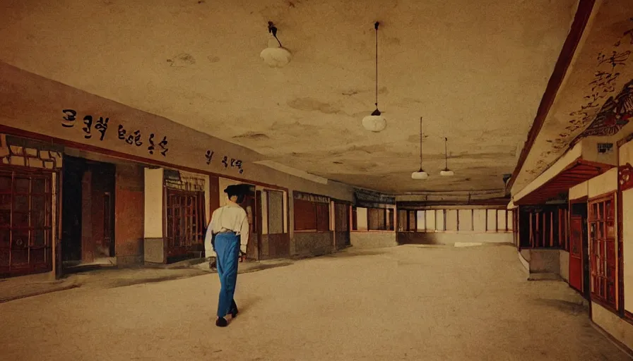 Image similar to pov a man walking in empty north-korean restaurant palace with propaganda fresco, eastmancolor, heavy grain, high quality, higly detailed