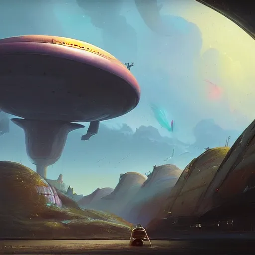 Image similar to a digital painting of a person looking up at a gigantic big enormous ufo spaceship in the sky far in the distance concept art by simon stalenhag and peter mohrbacher cgsociety, speedpainting, apocalypse art. unreal engine. hyper - realistic. photo realistic. 3 d render. octane render. detailed masterpiece. extreme wide shot. zoomed out.