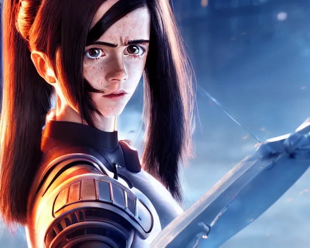 Prompt: a film still from battle angel alita played by actress emma watson, futuristic, cinematic lighting, photorealistic, lifelike, highly detailed, photorealistic, hyperrealistic, high resolution, 4 k