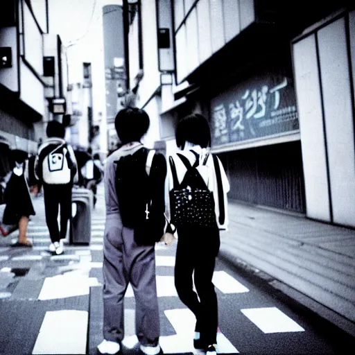 Image similar to ! dream japanese teenagers male and female, street photography in the 8 0 s, blue scheme, economic boom, punks, highly realistic, photography, highly detailed, cinematic lighting, tokyo, fashion, wearing sony walkman and headphones