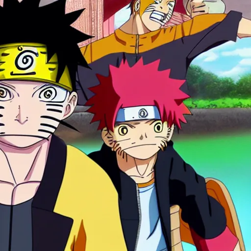 Image similar to Naruto uzumaki anime and monkey d. luffy anime happy together, anime, cell shading