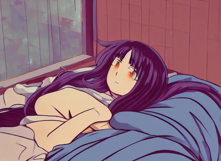 Prompt: girl laying on bed, boring, anime, 1 9 9 0 s, retro style, aesthetic, chill, room