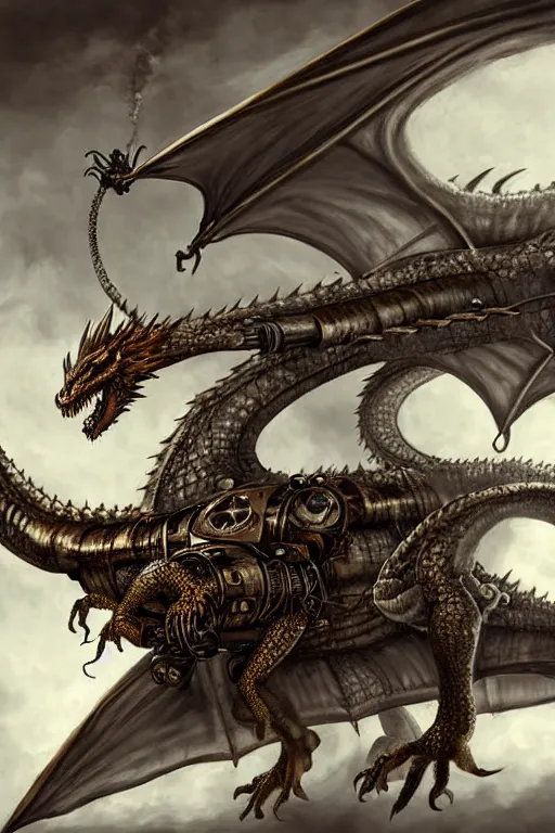 Prompt: hyper realistic dragon with steam punk tanks and tubes and breathing apparatus on its back, white background, full frame, art byjon foster