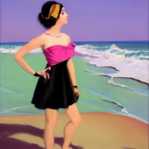 Prompt: woman in black dress in the middle of the beach, pink water, leyendecker style