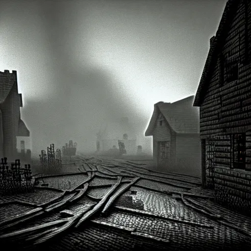 Image similar to eerie, the holocaust in minecraft, very old photo, photo from 1940s, war photograph, very authentic, very detailed, dramatic, intricate, highly detailed, digital painting, artstation, concept art, smooth, sharp focus, illustration, art by Gustave Dore, octane render