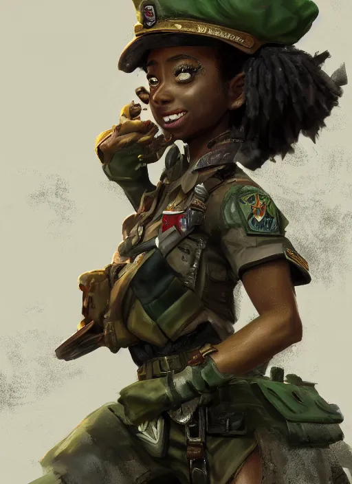 Prompt: a highly detailed illustration of skai jackson wearing tattered military uniform and green officer cap with giant wolf next to her, dramatic standing pose, intricate, elegant, highly detailed, centered, digital painting, artstation, concept art, smooth, sharp focus, league of legends concept art, wlop