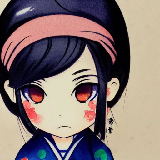 Image similar to beautiful water color concept art of face detailing cute nendoroid girl in the style of ukiyoe , toon rendering, close-up, no shade, modern art