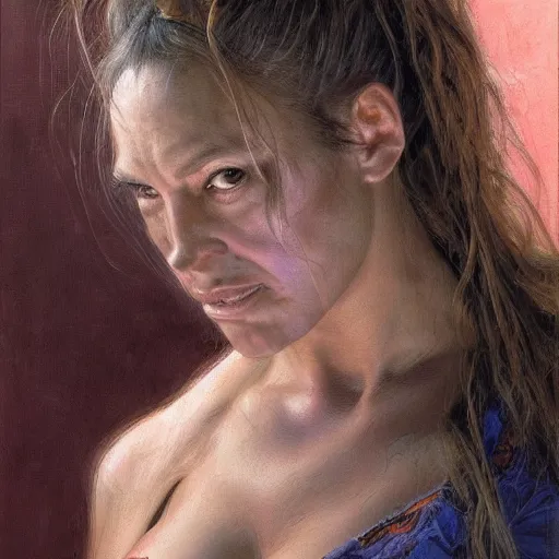 Prompt: frontal portrait of a bulky female survivor in a city, by donato giancola.