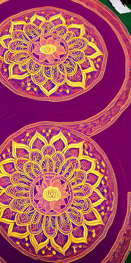 Image similar to a very intricate huge lotus mandala half painted on silk, shot by 5 0 mm f 2