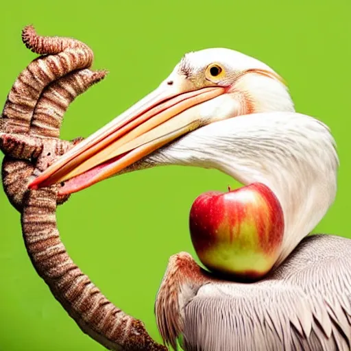 Image similar to pelican named reginald eating a apple with worms coming out of the spine of the apple, studio photography, beautiful lighting