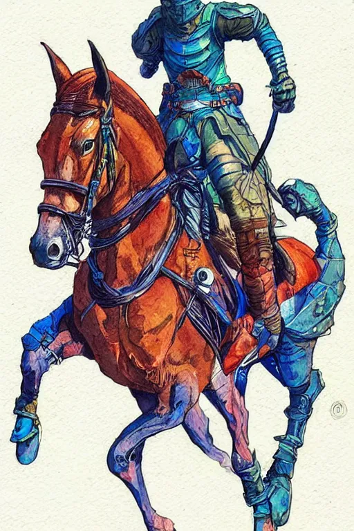 Image similar to fantasy horse rider with hood or hat, scifi, art by moebius, in watercolor gouache detailed paintings, in style of syd mead, colorful comics style, artstation