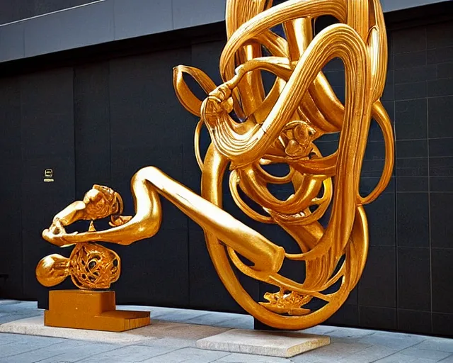 Prompt: by szukalski, francis bacon, vivian maier, mystical redscale photography evocative. a beautiful carved kinetic sculpture of a gold and obsidian birth of the machine intelligence, standing in a city center.